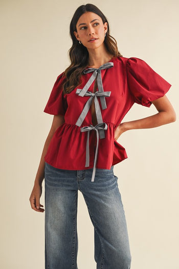 AnnieWear Solid Color Open Front Peplum Top with Contrasting Color Bow Tie Front in Crimson/Grey