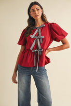 Load image into Gallery viewer, AnnieWear Solid Color Open Front Peplum Top with Contrasting Color Bow Tie Front in Crimson/Grey

