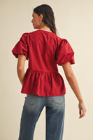 AnnieWear Solid Color Open Front Peplum Top with Contrasting Color Bow Tie Front in Crimson/Grey