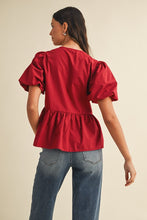 Load image into Gallery viewer, AnnieWear Solid Color Open Front Peplum Top with Contrasting Color Bow Tie Front in Crimson/Grey

