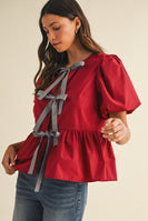 AnnieWear Solid Color Open Front Peplum Top with Contrasting Color Bow Tie Front in Crimson/Grey