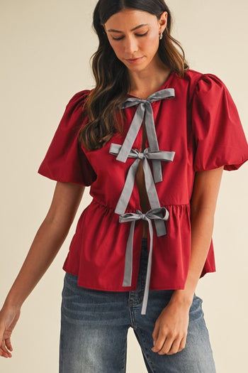 AnnieWear Solid Color Open Front Peplum Top with Contrasting Color Bow Tie Front in Crimson/Grey