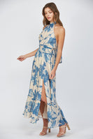 FATE Bold Floral Print Halter Maxi Dress in Cream/Blue