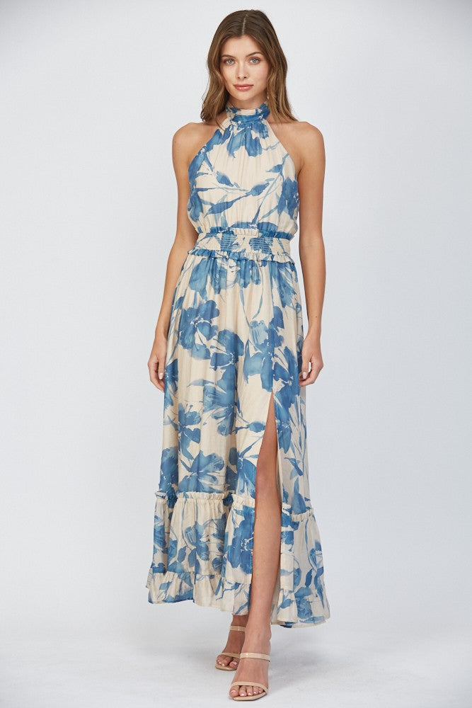 FATE Bold Floral Print Halter Maxi Dress in Cream/Blue S FATE Bold Floral Print Halter Maxi Dress in Cream/Blue S