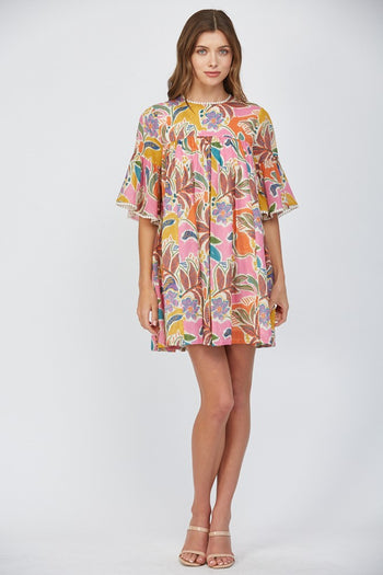 FATE Floral Print Mini Swing Dress with Lace Trim in Cream Multi