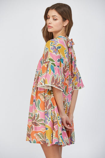 FATE Floral Print Mini Swing Dress with Lace Trim in Cream Multi