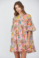 FATE Floral Print Mini Swing Dress with Lace Trim in Cream Multi