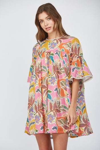 FATE Floral Print Mini Swing Dress with Lace Trim in Cream Multi