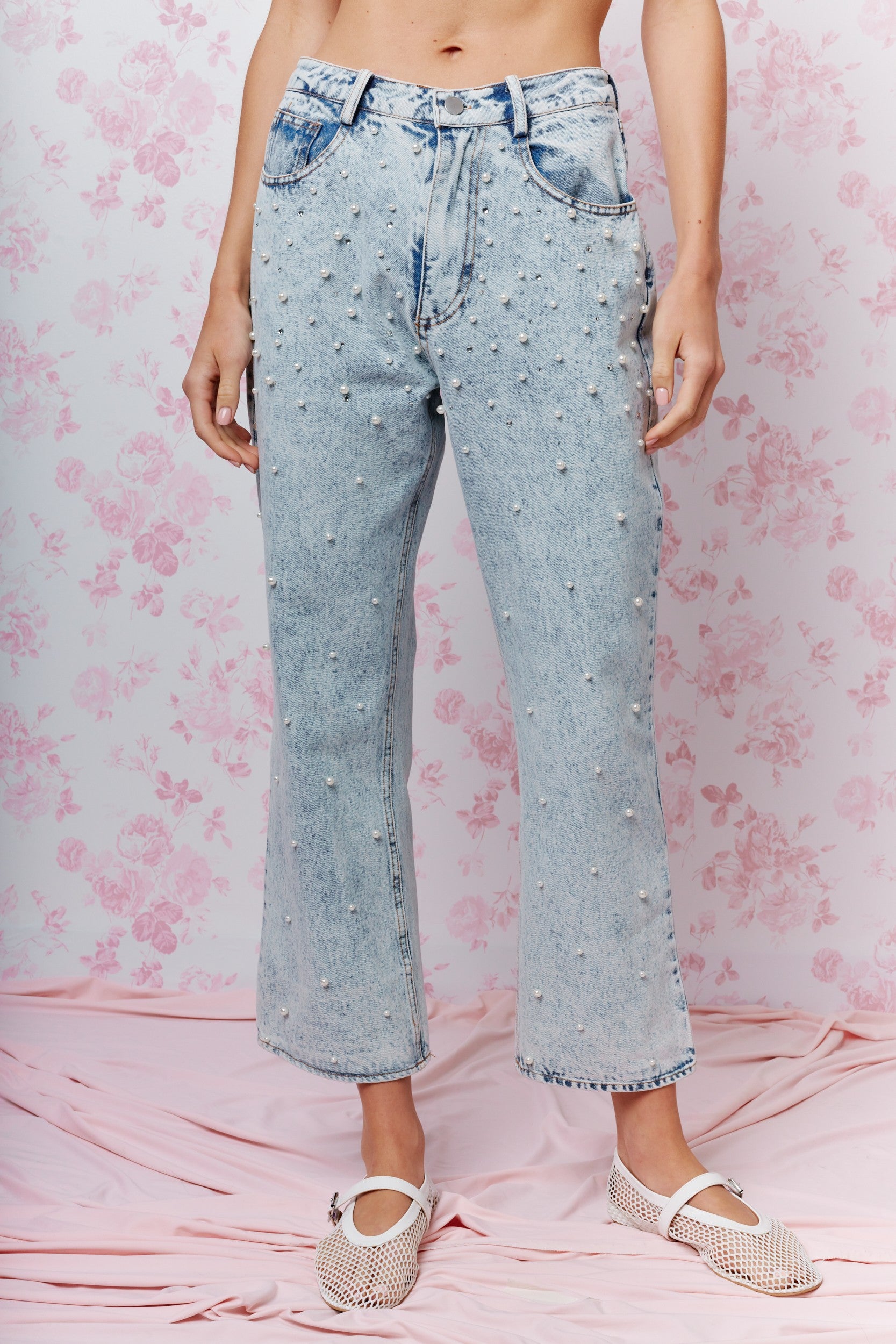 RARERAW Light Washed Pearl and Rhinestone Embellished Jeans in 