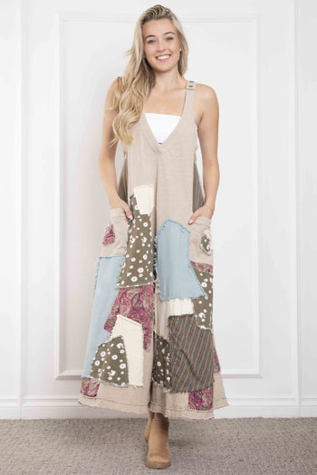 BlueVelvet Patched Ankle Length Wide Leg Jumpsuit in Light Taupe ON ORDER