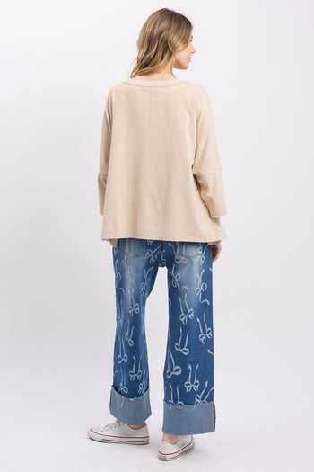 BlueVelvet OVERSIZED Solid Color Bow Patched Top in Oatmeal