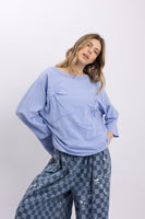 BlueVelvet OVERSIZED Solid Color Bow Patched Top in Peri Blue