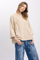 BlueVelvet OVERSIZED Solid Color Bow Patched Top in Oatmeal