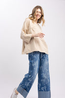 BlueVelvet OVERSIZED Solid Color Bow Patched Top in Oatmeal