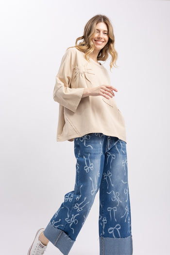 BlueVelvet OVERSIZED Solid Color Bow Patched Top in Oatmeal