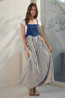 Oddi Colored Denim and Striped Overall Dress in Washed Royal