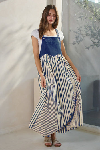 Oddi Colored Denim and Striped Overall Dress in Washed Royal