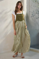 Oddi Colored Denim and Striped Overall Dress in Washed Olive