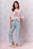 RARERAW Boxy CROP Top with Teddy Bear Graphic Print Front in Baby Pink