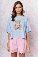 RARERAW Boxy CROP Top with Teddy Bear Graphic Print Front in Baby Blue