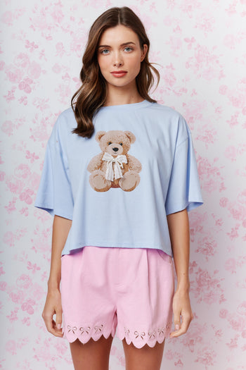 RARERAW Boxy CROP Top with Teddy Bear Graphic Print Front in Baby Blue