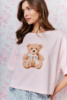 RARERAW Boxy CROP Top with Teddy Bear Graphic Print Front in Baby Pink