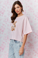 RARERAW Boxy CROP Top with Teddy Bear Graphic Print Front in Baby Pink