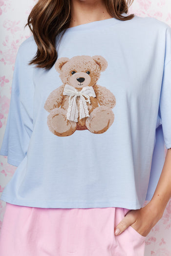 RARERAW Boxy CROP Top with Teddy Bear Graphic Print Front in Baby Blue