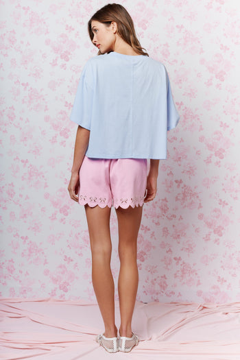 RARERAW Boxy CROP Top with Teddy Bear Graphic Print Front in Baby Blue