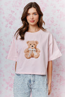 RARERAW Boxy CROP Top with Teddy Bear Graphic Print Front in Baby Pink