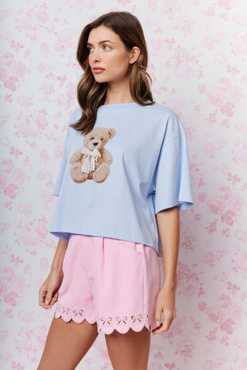 RARERAW Boxy CROP Top with Teddy Bear Graphic Print Front in Baby Blue