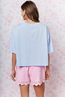 RARERAW Boxy CROP Top with Teddy Bear Graphic Print Front in Baby Blue