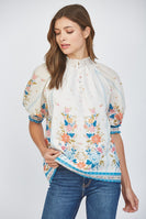 FATE Smocked High Neck Top in Cream Multi