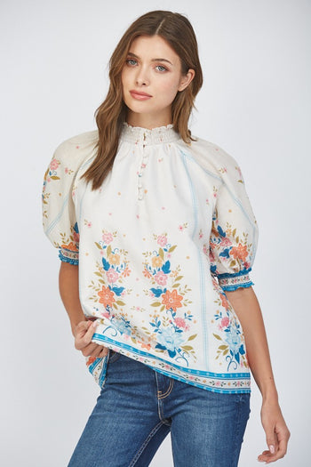 FATE Smocked High Neck Top in Cream Multi