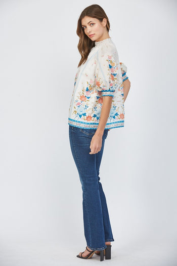 FATE Smocked High Neck Top in Cream Multi