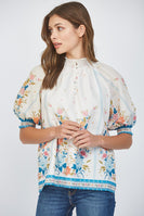 FATE Smocked High Neck Top in Cream Multi