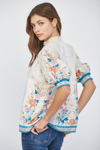 FATE Smocked High Neck Top in Cream Multi