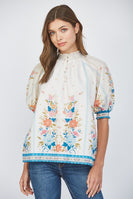 FATE Smocked High Neck Top in Cream Multi