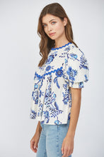 Load image into Gallery viewer, FATE Floral Print Top with Ric Rac Trim in Cream/ Blue
