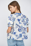 FATE Floral Print Top with Ric Rac Trim in Cream/ Blue