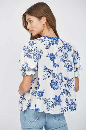 FATE Floral Print Top with Ric Rac Trim in Cream/ Blue