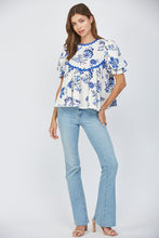 Load image into Gallery viewer, FATE Floral Print Top with Ric Rac Trim in Cream/ Blue
