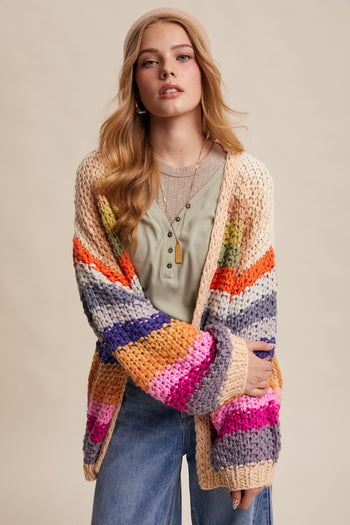 Listicle Rainbow Hand Crochet Cardigan in Cream Multi