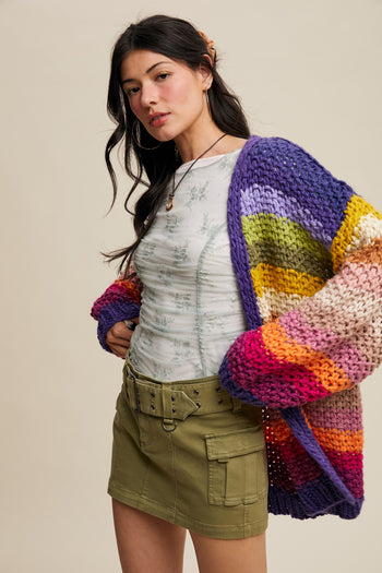 Listicle Rainbow Hand Crochet Cardigan in Rainbow Multi