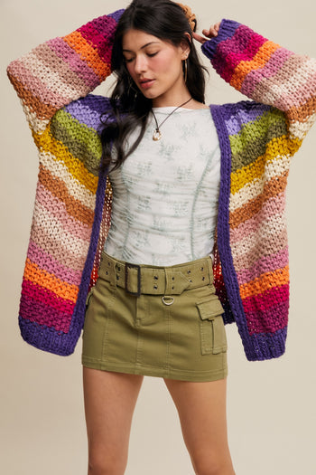 Listicle Rainbow Hand Crochet Cardigan in Rainbow Multi