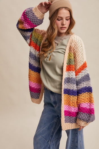 Listicle Rainbow Hand Crochet Cardigan in Cream Multi