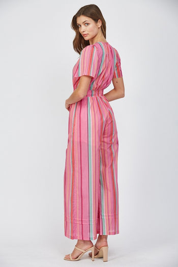 FATE Striped Cotton Voile Jumpsuit in Pink Multi