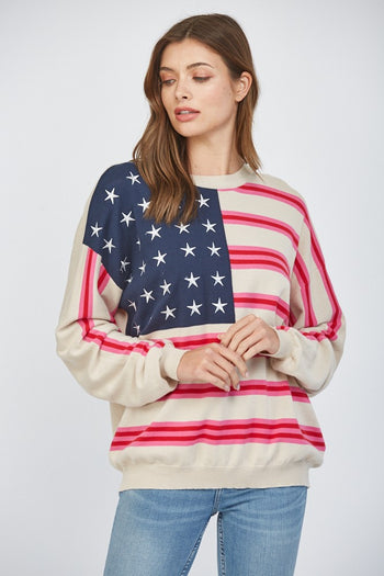 FATE Lightweight Knit American Flag Motif Sweater in Taupe
