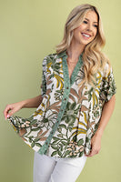GiGio Mixed Print Top with BOLD Floral Print in Olive Mix