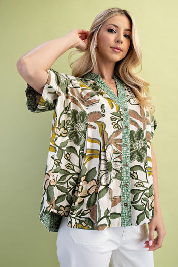 GiGio Mixed Print Top with BOLD Floral Print in Olive Mix